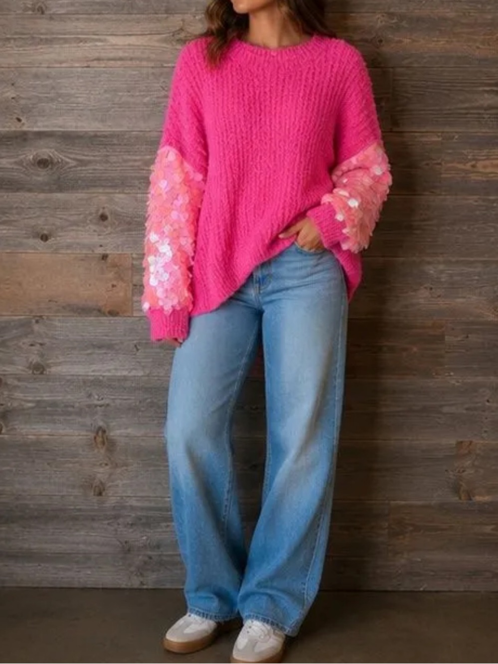 🟠NWT FANTASTIC FAWN Long Sleeve Sweater w/Large Sequin Accents Hot Pink